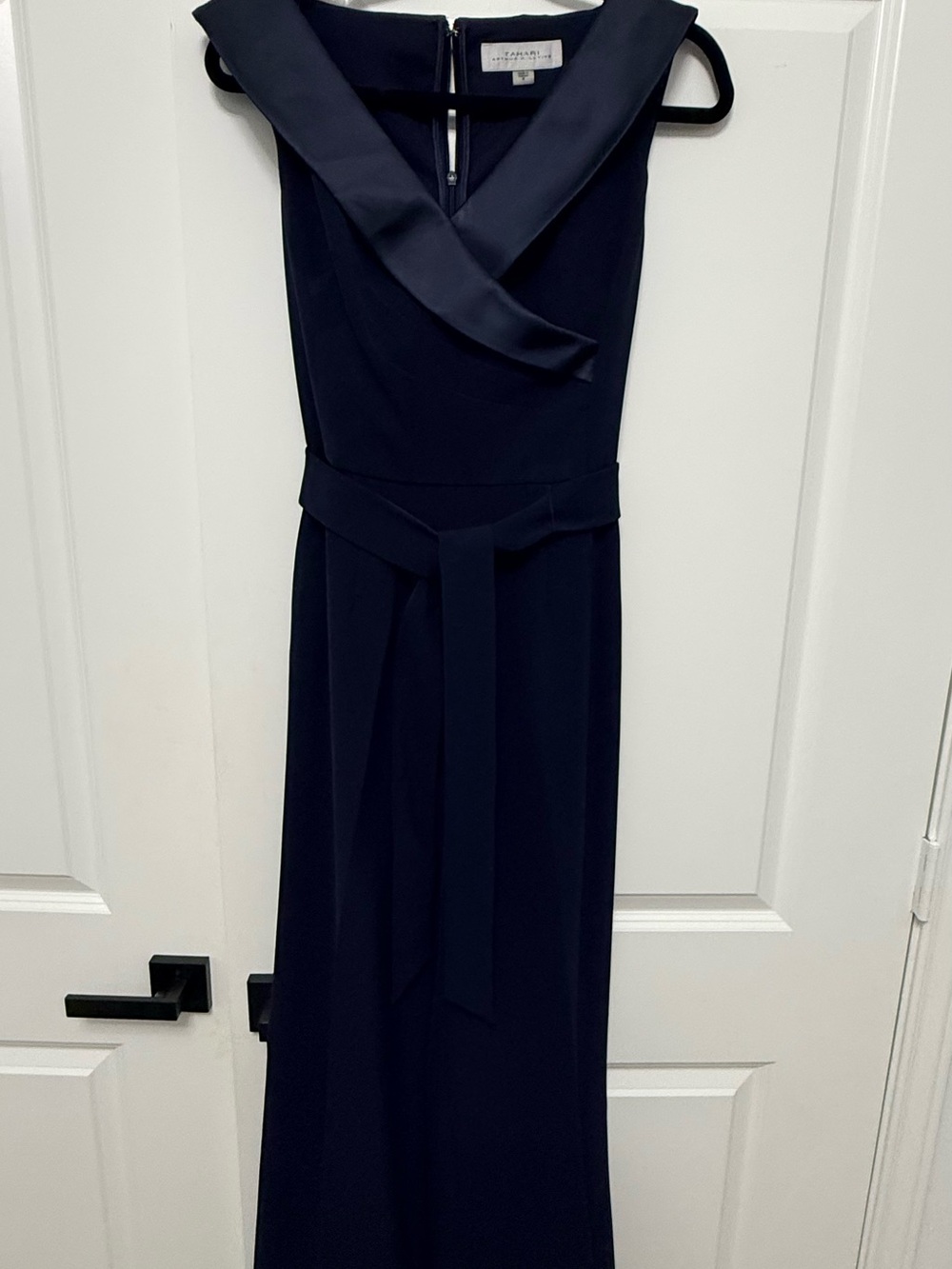 Tahari Navy Sleeveless Satin-Trim Jumpsuit with Self-Tie Waist